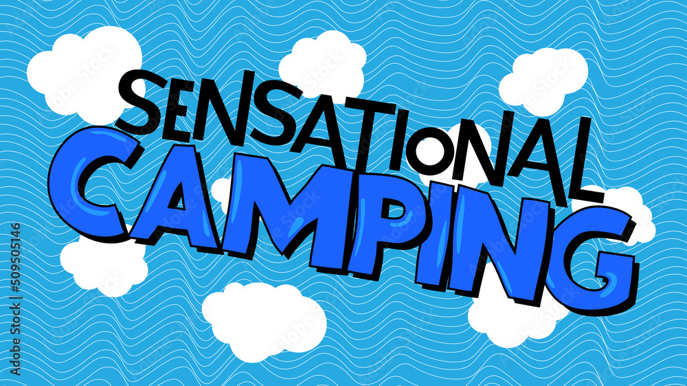 Kids Letters word Sensational Camping. Word written with Children's font in cartoon style. Stock