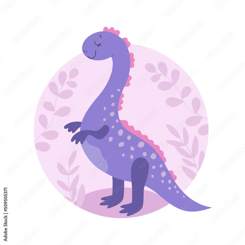 Cute cartoon dinosaur character for kids on a background of leaves. Vector illustration.