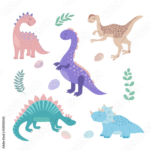 Fototapeta Naklejka Na Ścianę i Meble -  Set of cliparts with cute colored dinosaurs in cartoon style. Tyrannosaurus, diplodocus, triceratops, pterodactyl.