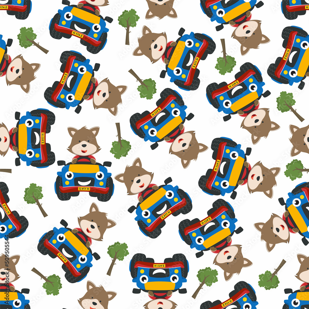Seamless pattern vector of cute little fox driving monster truck. Creative vector childish background for fabric textile, nursery background, baby clothes, poster, wrapping paper and other decoration. Seamless pattern vector of cute little fox driving monster truck. Creative vector childish background for fabric textile, nursery background, baby clothes, poster, wrapping paper and other decoration.