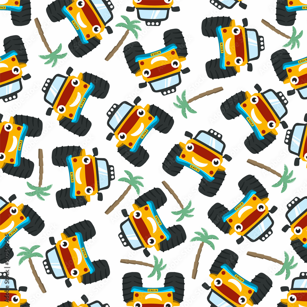 Seamless pattern vector of cute monster truck. Creative vector childish background for fabric textile, nursery background, baby clothes, poster, wrapping paper and other decoration. Seamless pattern vector of cute monster truck. Creative vector childish background for fabric textile, nursery background, baby clothes, poster, wrapping paper and other decoration.