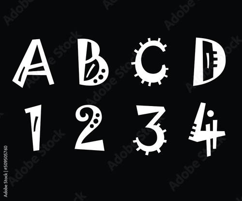 The letters ABCD of the English alphabet and 1234 numbers with stylish font. black background. eps10. photo
