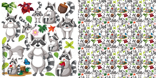 Seamless background with raccoons and leaves
