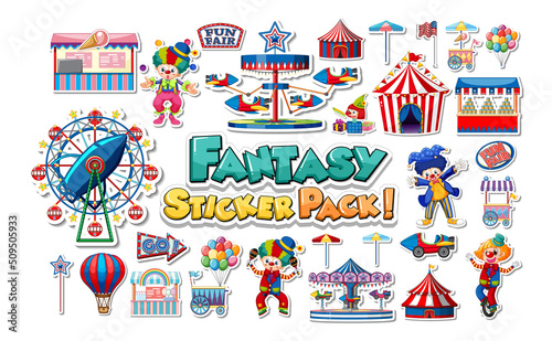 Sticker set of amusement park objects and cartoon characters