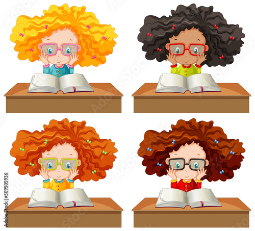 Set of girl reading a book on white background