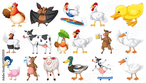 Farm animals set on white background