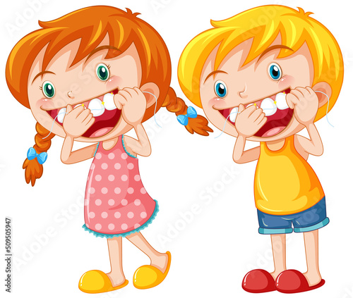 Cute kids cartoon character flossing teeth