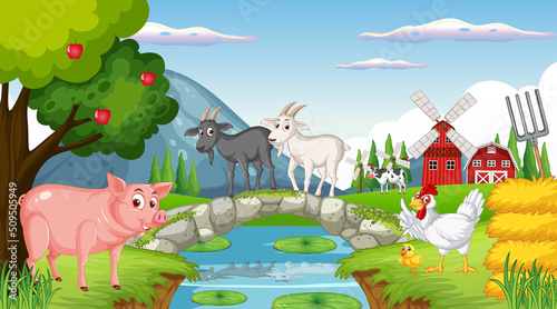 Farm background with happy animals