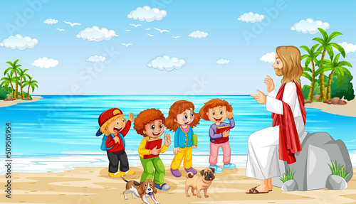 Jesus and children at the beach