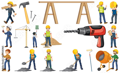 Set of construction site objects and workers