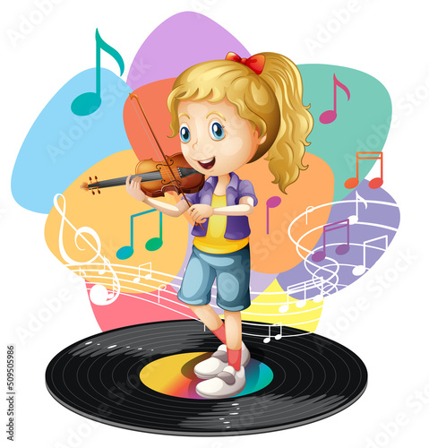 A girl playing violin and music melody symbols