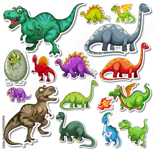 Sticker set of different dinosaurs cartoon