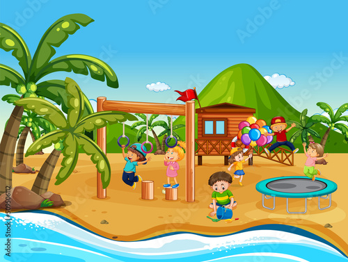 Beach playground with happy children