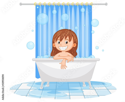 Happy girl taking a bath