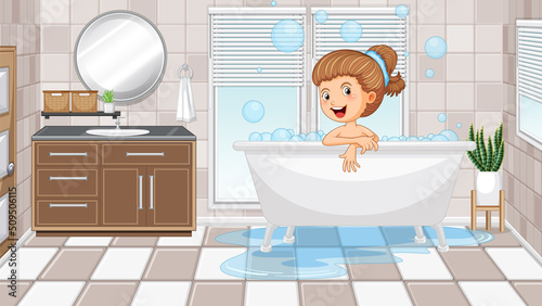 Happy girl taking a bath