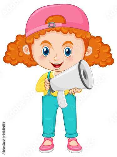 Cute girl cartoon character with curly pigtail hair holding megaphone