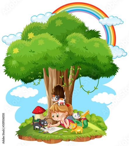 Girl with animals under the tree