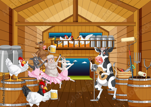 Barn indoor scene with farm animals