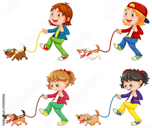 Set of different kids walking dogs