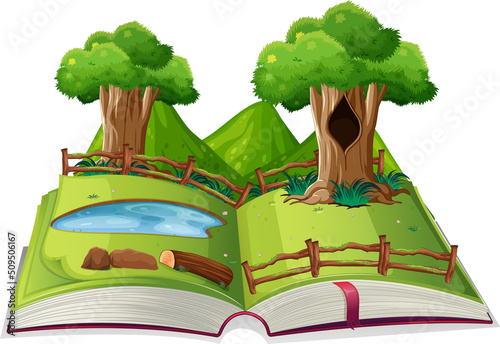 Nature scene with many trees and small pond