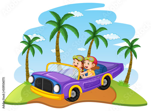 Road trip concept with kids driving classic convertible car
