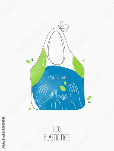 Plastic free ecological. NO to plastic and polyethylene bags with green sprout and leaves. environment earth day on nature field grass forest conservation concept. vector design