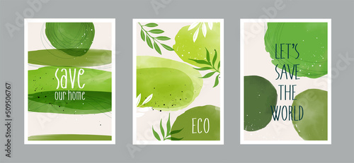 Set of happy earth day posters and leaves saving the planet. environment earth day on nature field grass forest conservation concept art or abstract. vector design