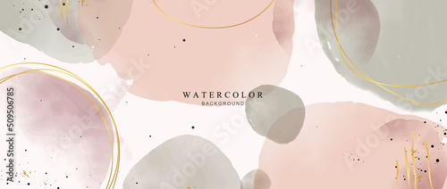 Watercolor art background creative. design with paint brush and gold line art wallpaper. Brush style. Earth tone gray, pink, beige watercolor for prints, wall art, wallpaper and card