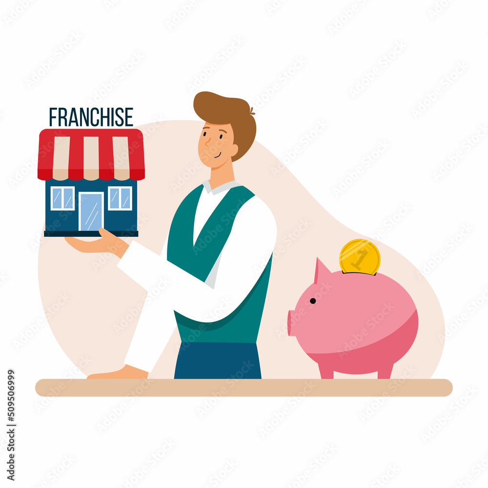 Businessman sells franchise. Franchising system. Vector illustration in cartoon style. Man offers to buy ready made business.