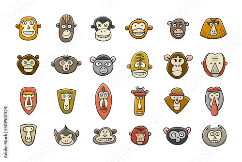 Funny monkey faces, icon collection. Sketch for your design. Childish style