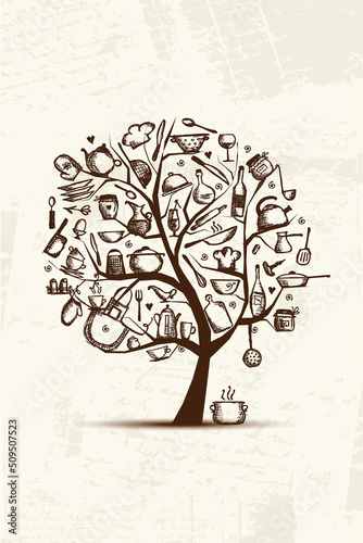Art tree with kitchen utensils, sketch drawing for your design