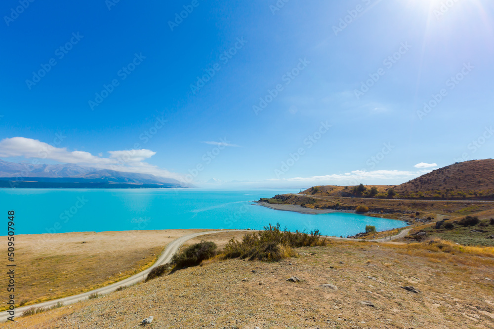 Panoramic view of Lake Pukaki and Mt. Cook as a Background
