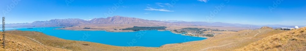 Panorama of view Lake Pukaki and Mount Cook at South Island New Zealand, summertime	