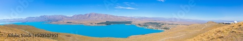 Panorama of view Lake Pukaki and Mount Cook at South Island New Zealand, summertime 