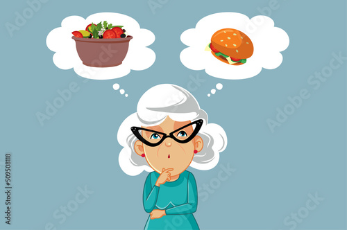 Senior Old Woman Thinking What to Eat Vector Cartoon Illustration. Granny trying to eat healthy craving for junk food caloric meal
