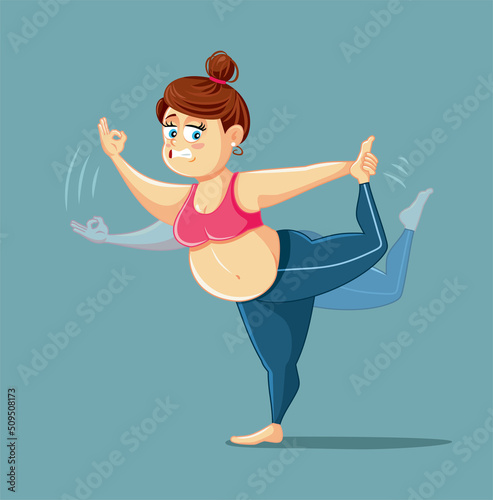 Woman Exercising Losing her Balance Vector Cartoon Illustration. Obese woman training feeling nauseated loosing equilibrium in tree yoga pose 