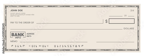 Blank bank check, checkbook cheque template, vector money payment voucher. Bank cash pay cheque or paper certificate and credit paycheck coupon from checkbook of financial account