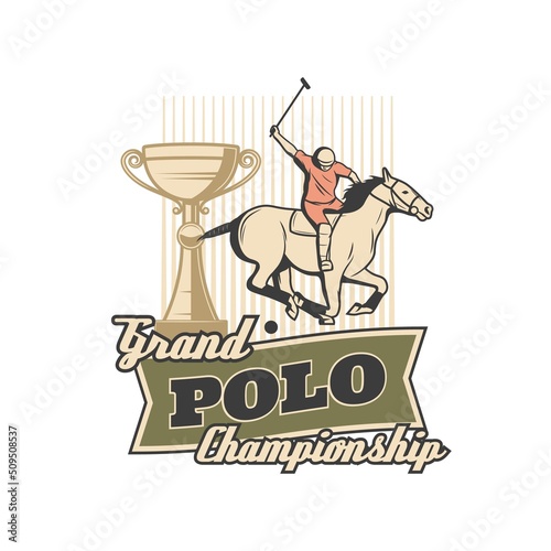 Horse polo retro icon of equestrian sport championship. Vector jockey or polo game player with mallet and ball riding a horse and gold trophy cup or winner award isolated symbol, equine competition