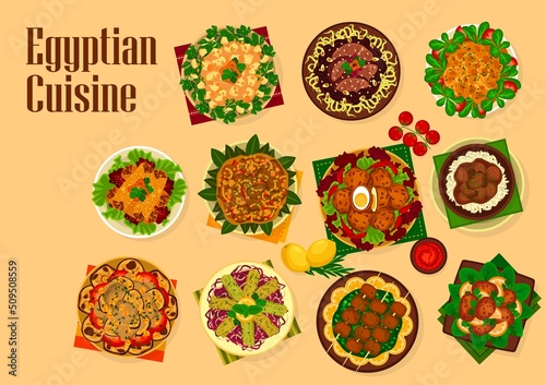 Egyptian cuisine meat and vegetable food, Arabian dishes vector design. Lamb kebab, circassian chicken and eggplant stew, koftas, stuffed cabbage rolls and meatballs with cumin, saffron and prunes photo