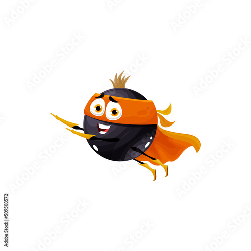 Cartoon flying black currant superhero, funny berry defender character, vector kids food. Blackberry fruit as super hero or guardian and rescue ranger flying in orange mask and power cape