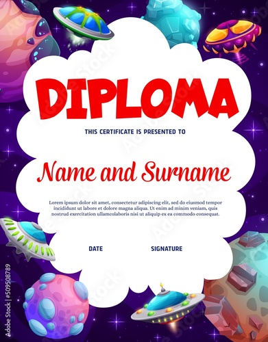 Space party kids diploma, spacecrafts and starships in starry galaxy. School educational vector certificate template with flying saucers, UFO and planets. Cartoon frame with alien spaceships and stars