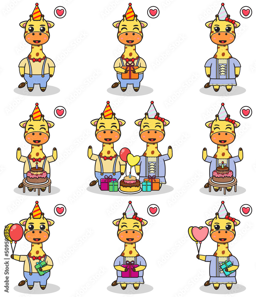 Vector of Cute Giraffe in Birthday Party. Set of cute little Giraffe characters. Collection of funny Giraffe isolated on a white background. Vector of Cute Giraffe in Birthday Party. Set of cute little Giraffe characters. Collection of funny Giraffe isolated on a white background.