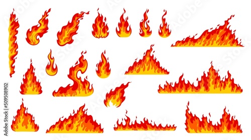 Photo Cartoon fire flames, bonfire burn and hot red fireballs