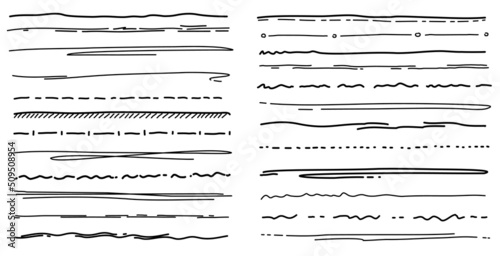 Underline scribble brush and pencil line strokes of pen marker, doodle vector. Hand drawn scribble underline of grunge ink pen or paint marker, freehand handwritten line dividers and highlight borders