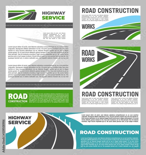 Highway road repair and construction service works, vector banners. City motorway building and highway maintenance or pavement and asphalt renovation, car street engineering project