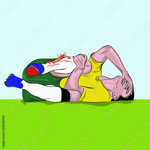 Soccer player with injury exposed, man lying on the pitch.