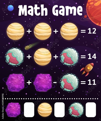 Math game worksheet, cartoon space planets education maze. Vector puzzle for addition or subtraction numeracy and mathematics skills development. Educational riddle activity, learn kids to count task