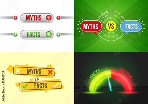 Myths vs facts, truth, false or true, fiction fake and reality, vector background with check icons. Myths vs facts and truth or false buster checkmarks and popup bubbles with true and false indicator photo