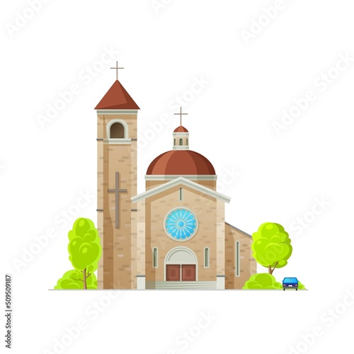 Catholic church, temple or cathedral with crosses, vector building of Christian religion architecture. Religious house with bell tower, chapel and steeple, crucifix and gothic stained glass window