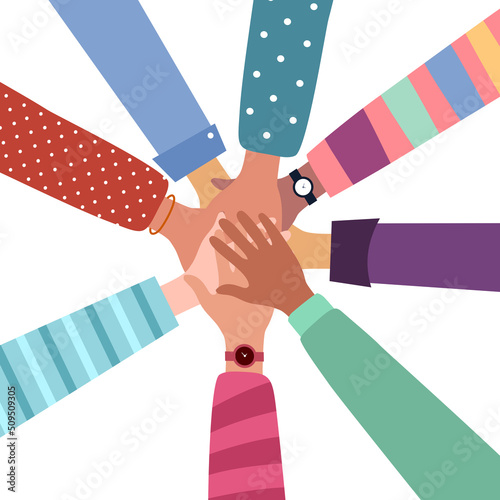 Hand together concept vector illustration. Stack of hands showing unity in flat design on white background. Teamwork.